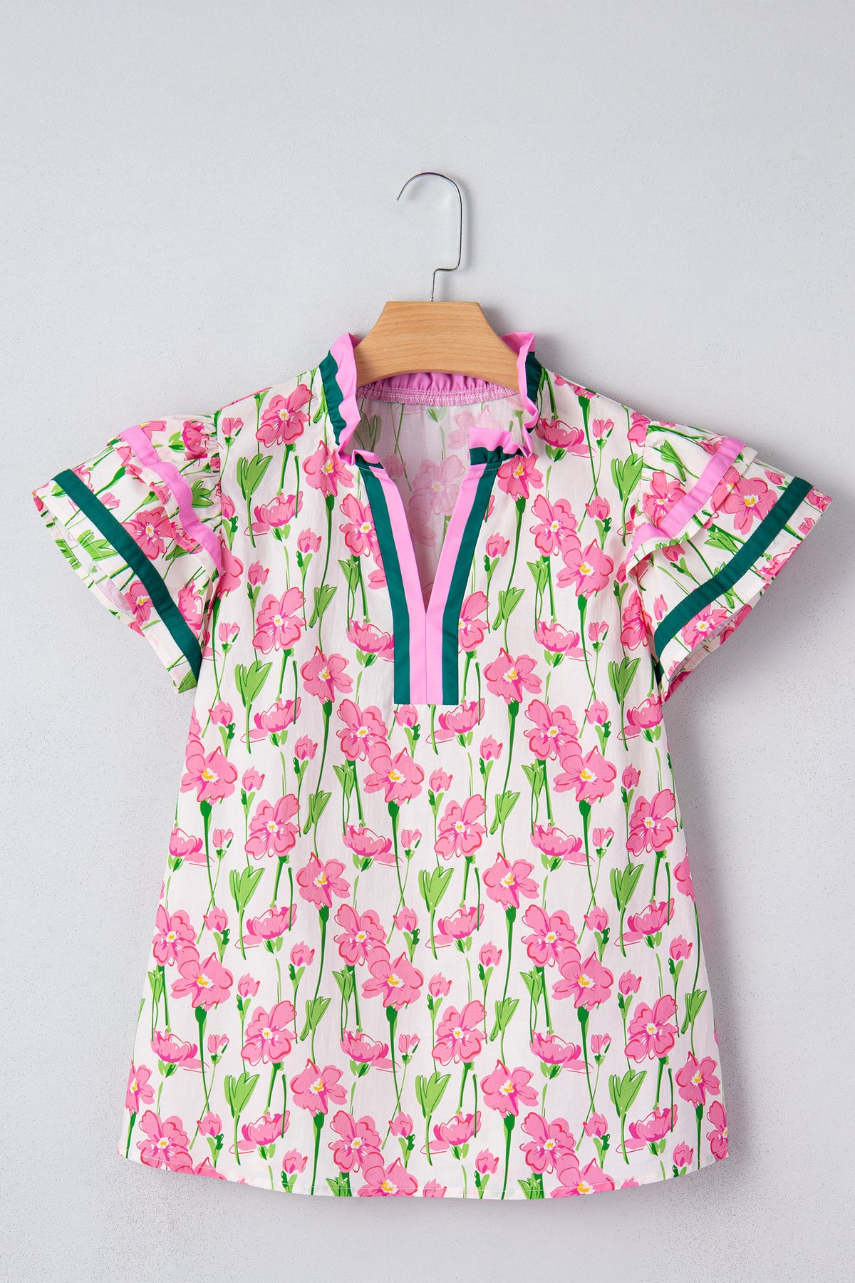 KaleaBoutique Floral Print Contrast Trim V Neck Double Ruffled Short Sleeve Blouse - KaleaBoutique.com