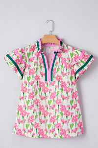 KaleaBoutique Floral Print Contrast Trim V Neck Double Ruffled Short Sleeve Blouse - KaleaBoutique.com