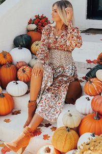 KaleaBoutique Stylish Floral Print Ruffled Tiered Long Sleeve V Neck Midi Dress - KaleaBoutique.com