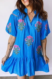 KaleaBoutique Stylish Flower Embroidered Split Neck Short Puff Sleeve Ruffle Hem Dress - KaleaBoutique.com