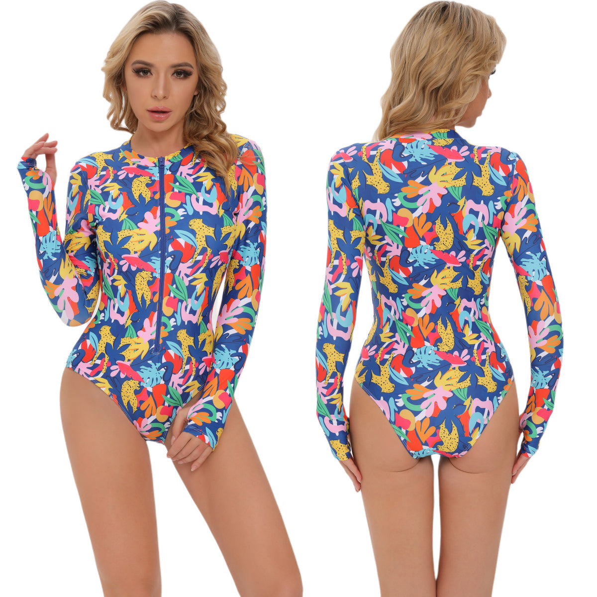 Women Tropical Animal Print Long-Sleeve Zip-Front One-Piece Swimsuit - KaleaBoutique.com