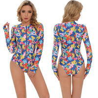 Women Tropical Animal Print Long-Sleeve Zip-Front One-Piece Swimsuit - KaleaBoutique.com