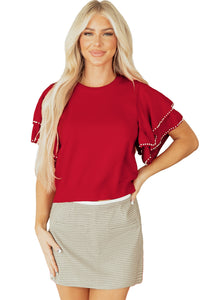 KaleaBoutique Stylish Pearl Embellished Double Ruffle Short Sleeve Sweater - KaleaBoutique.com