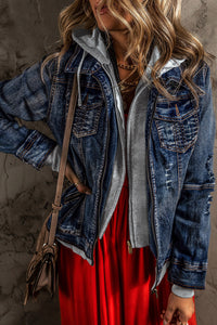 KaleaBoutique Classic Fake Two-Piece Hooded Zip-Up Denim Jacket - KaleaBoutique.com