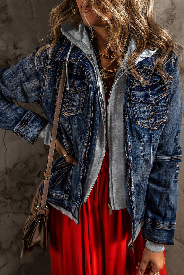 KaleaBoutique Classic Fake Two-Piece Hooded Zip-Up Denim Jacket - KaleaBoutique.com