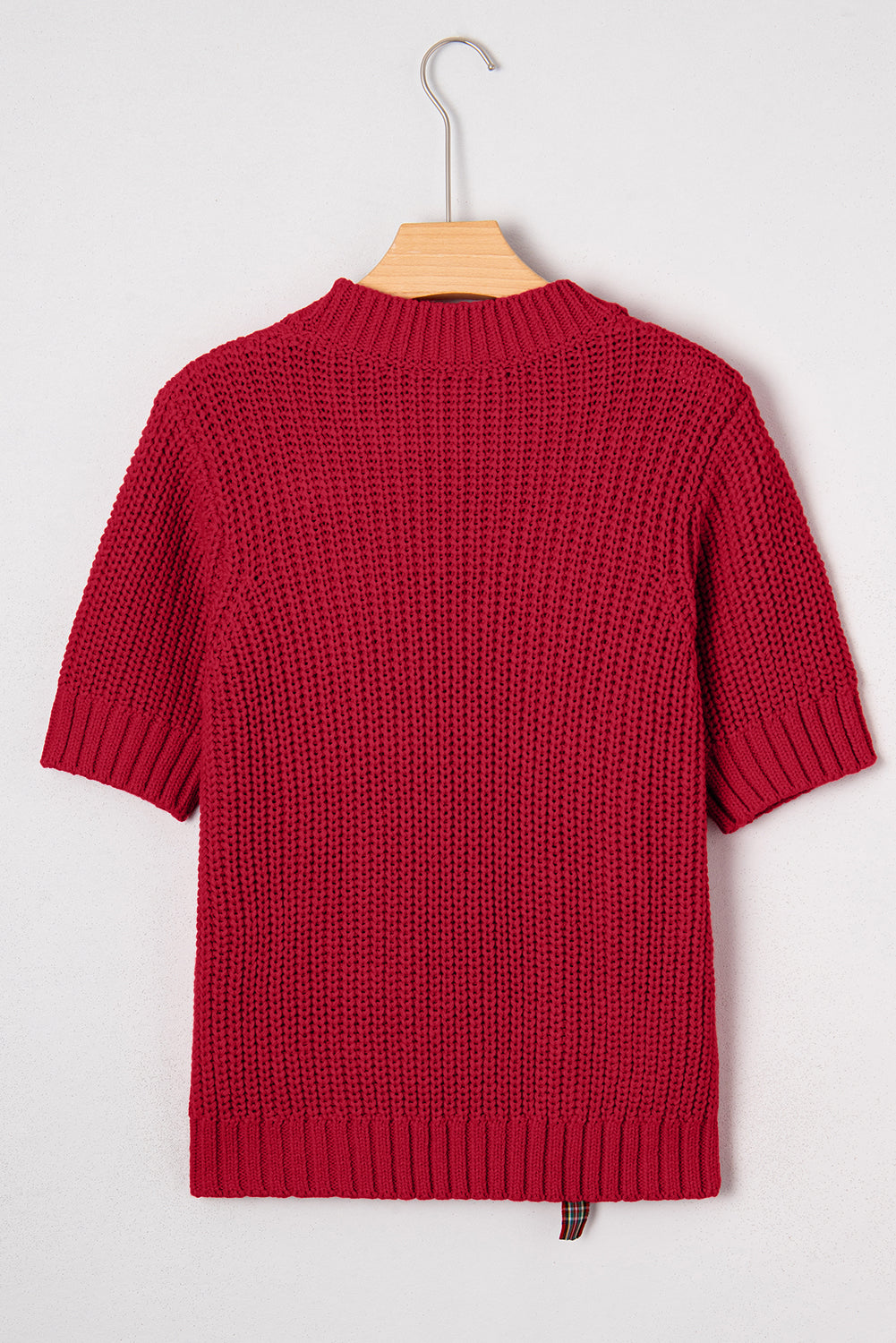KaleaBoutique Comfortable Plaid Lace up Detail Christmas Holiday Puff Short Sleeve Sweater - KaleaBoutique.com