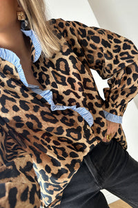 Stylish KaleaBoutique Wild Leopard Print Contrast Striped Frilled Trim Chic Shirt - KaleaBoutique.com