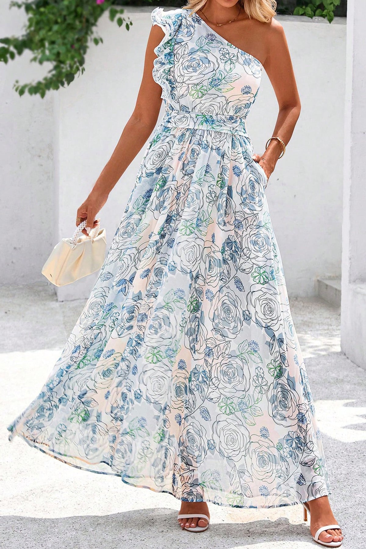 KaleaBoutique Stylish Floral Print Ruffled One Shoulder Vacation Maxi Dress - KaleaBoutique.com