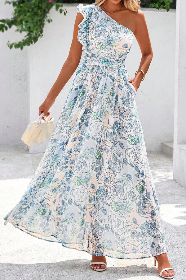 KaleaBoutique Stylish Floral Print Ruffled One Shoulder Vacation Maxi Dress - KaleaBoutique.com