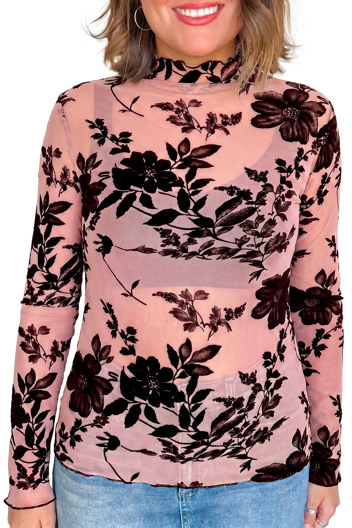 KaleaBoutique Stylish Retro Floral Print Mesh Long Sleeve Pullover Blouse - KaleaBoutique.com