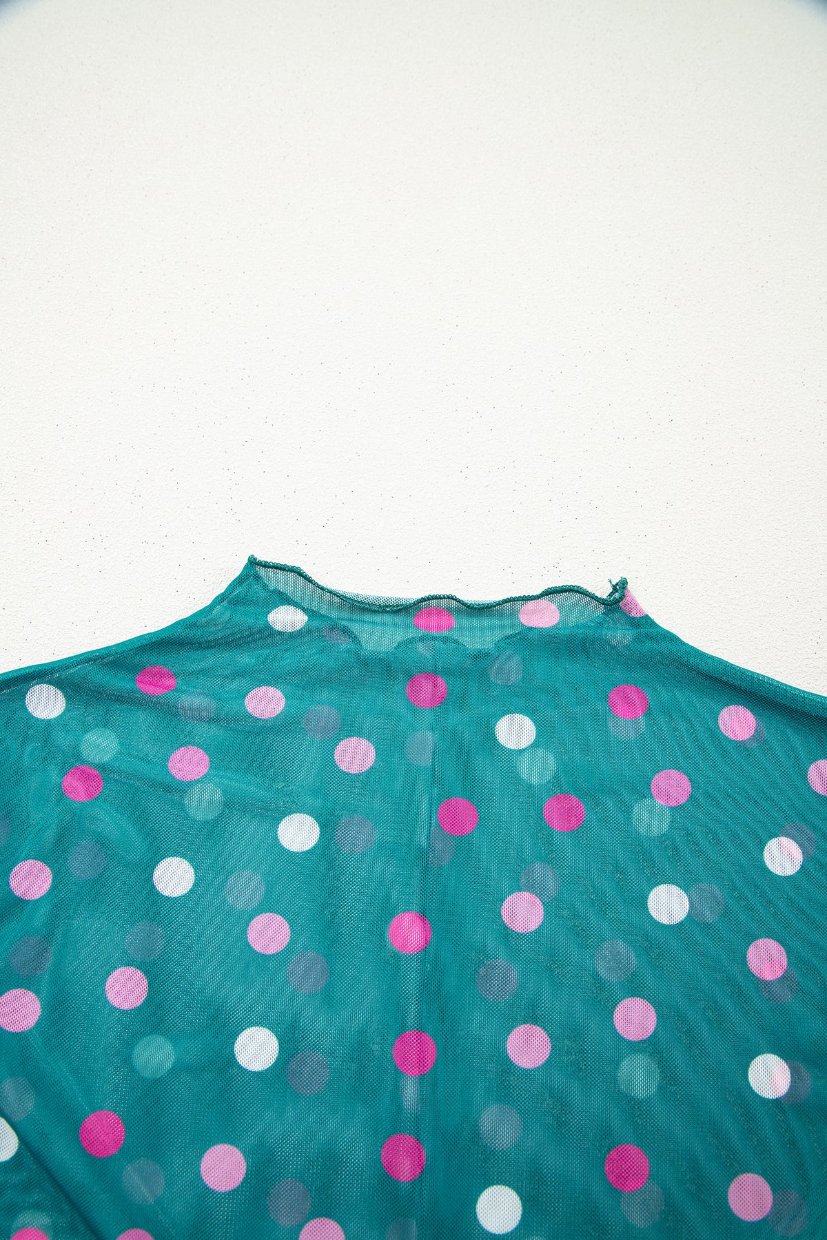 KaleaBoutique Stylish Polka Dot Patterned Bodycon Mock Neck Mesh Long Sleeve Top - KaleaBoutique.com