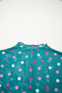 KaleaBoutique Stylish Polka Dot Patterned Bodycon Mock Neck Mesh Long Sleeve Top - KaleaBoutique.com