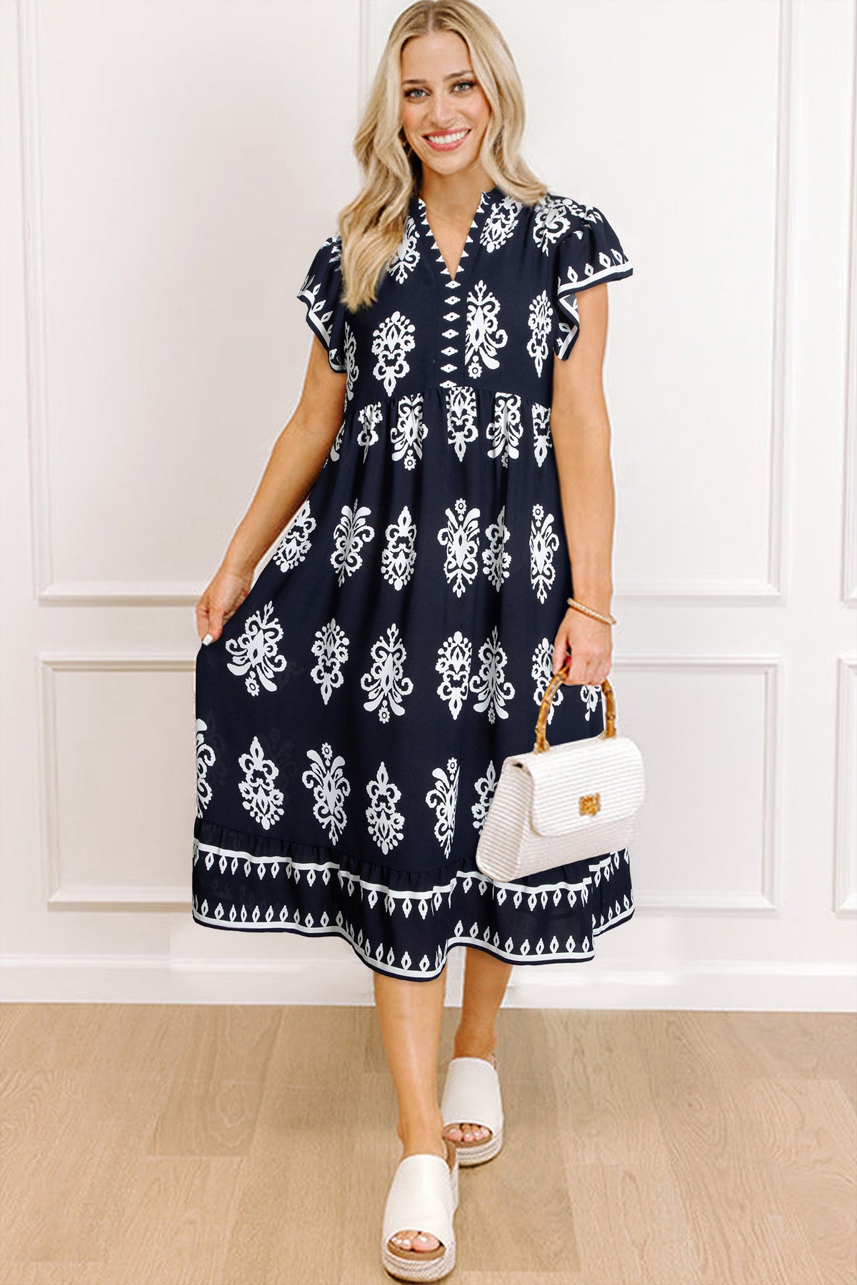 Western Ethnic Print Notched Neck Short Sleeve Midi Dress - KaleaBoutique.com