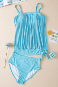 KaleaBoutique Stylish Striped Mesh Knotted Hem Tankini Swimsuit - KaleaBoutique.com