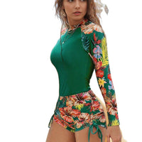 Women's Tropical Floral Long-Sleeve Swim Top With Back Zipper 2 PC Tankini Set - KaleaBoutique.com