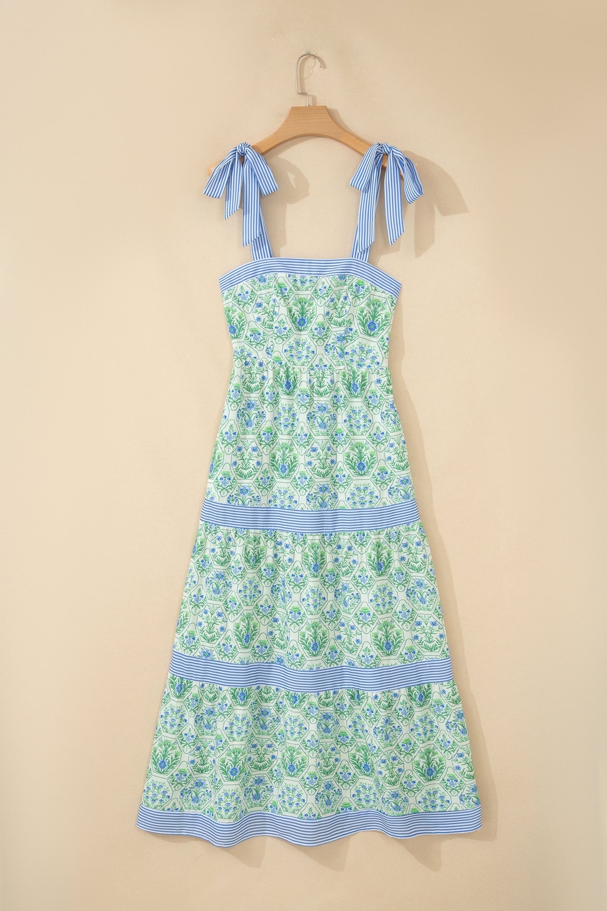 KaleaBoutique Stylish Geometric Floral Print Striped Patchwork Detail Sleeveless Dress（Runs Small ） - KaleaBoutique.com