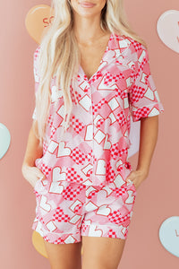 KaleaBoutique Comfortable Heart Print Shirt Style Silky Short Pajama Set - KaleaBoutique.com