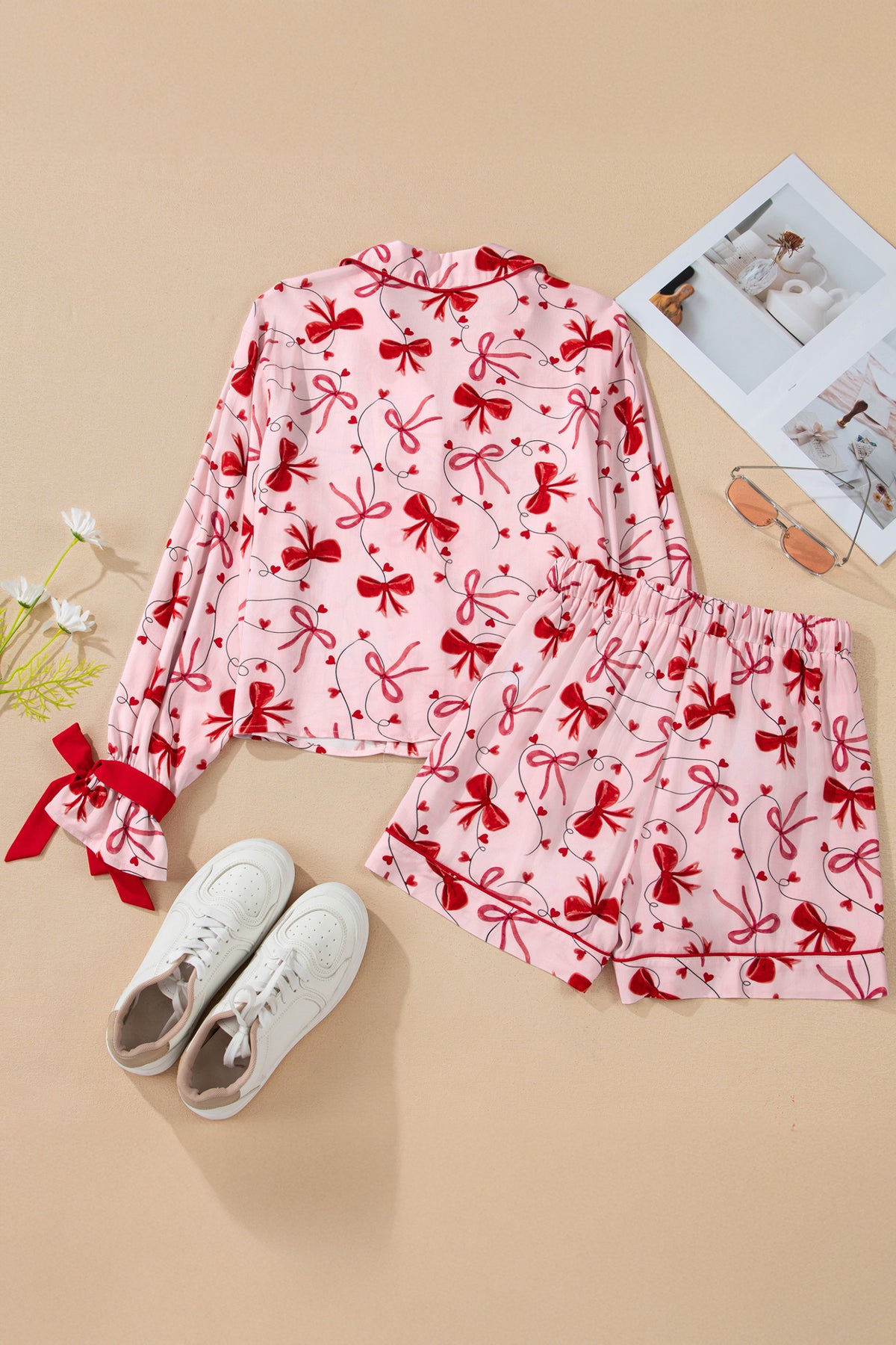 KaleaBoutique Comfortable Bow Print Valentine Long Sleeve Shirt Shorts 2 Pcs Pajama Set - KaleaBoutique.com
