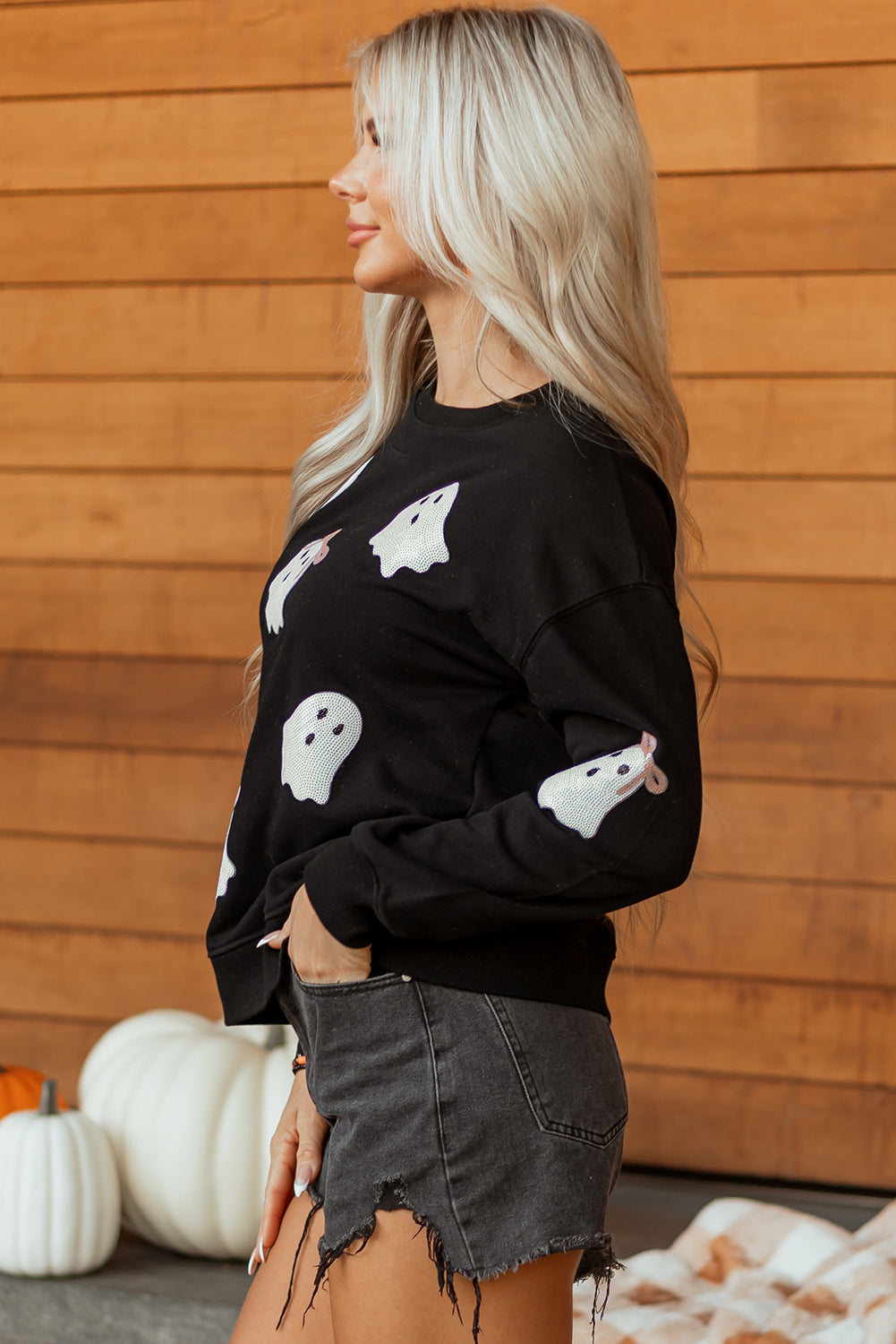 Black Sequin Bow Ghost Halloween Crew Neck Sweatshirt - KaleaBoutique.com
