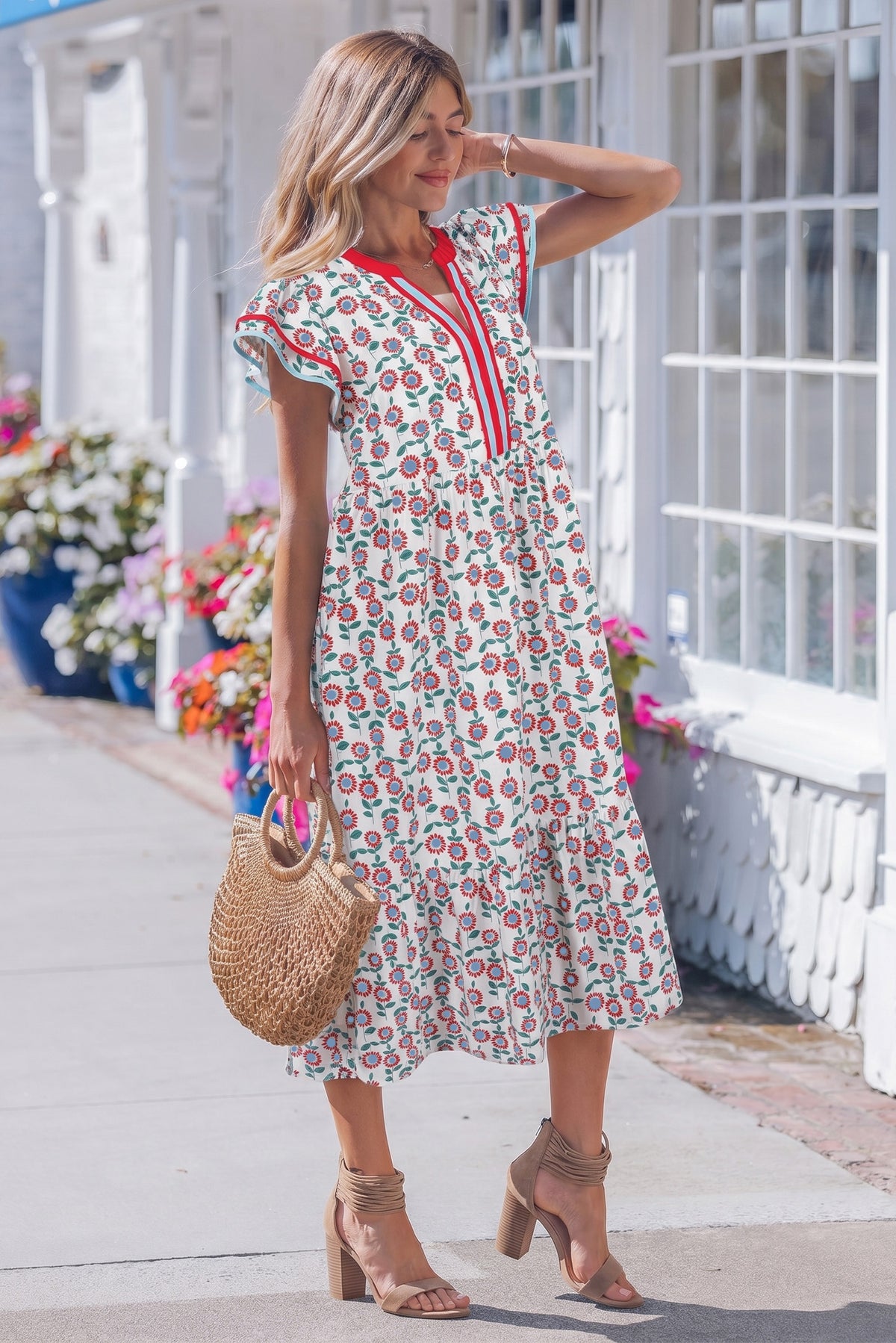 KaleaBoutique Stylish Cute Sunflower Printed Striped Patchwork Trim Flutter Sleeve Long Dress - KaleaBoutique.com