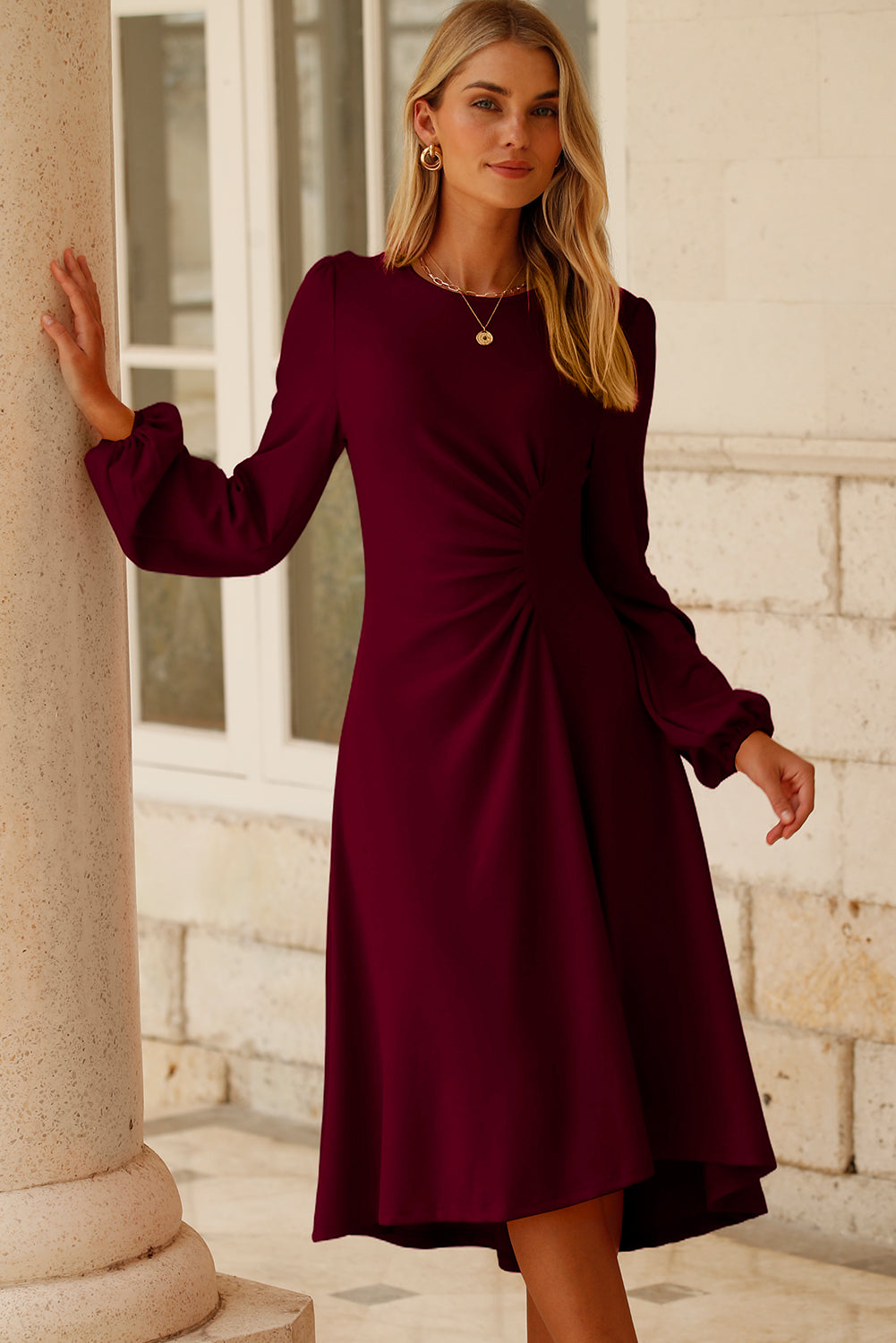 Solid Color Ruched Detail Long Sleeve Midi Dress - KaleaBoutique.com