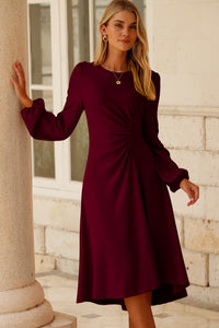 Solid Color Ruched Detail Long Sleeve Midi Dress - KaleaBoutique.com