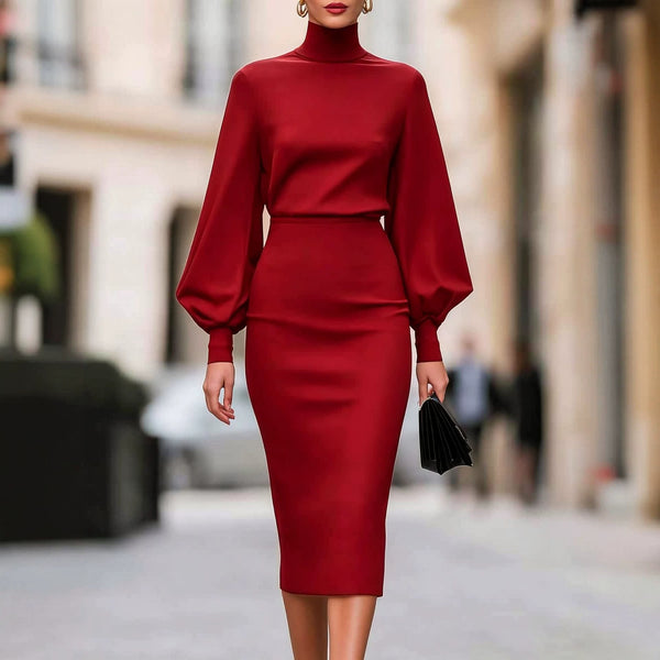 KaleaBoutique High-Neck Balloon Sleeve Midi Dress - KaleaBoutique.com