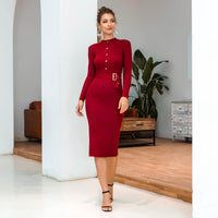 Autumn And Winter Long Sleeve Single-breasted Knitted Package Hip Sweater Dress - KaleaBoutique.com
