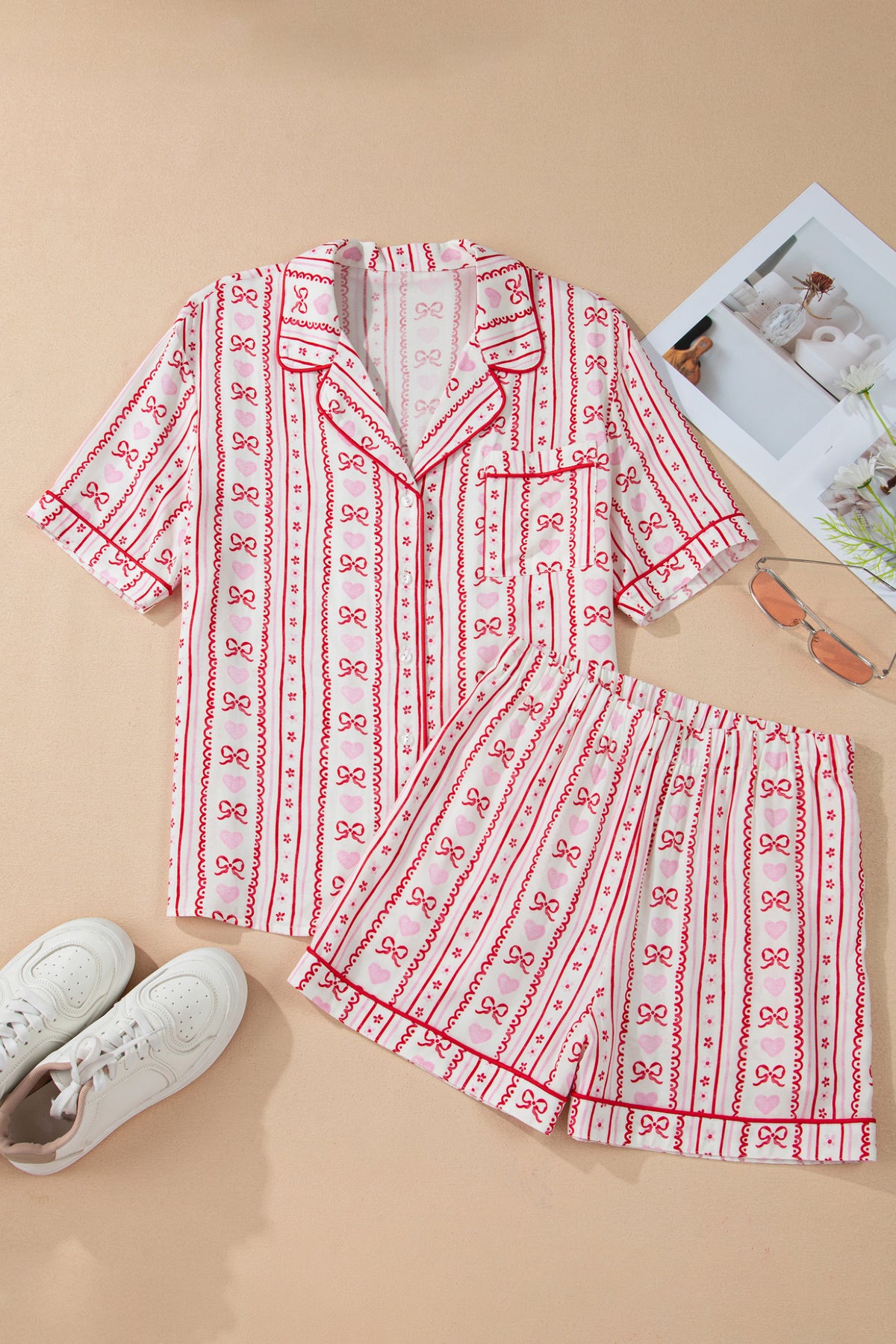 KaleaBoutique Stylish Cute Bow Heart Print Ribbon Decor Short 2pcs Pajama Set - KaleaBoutique.com