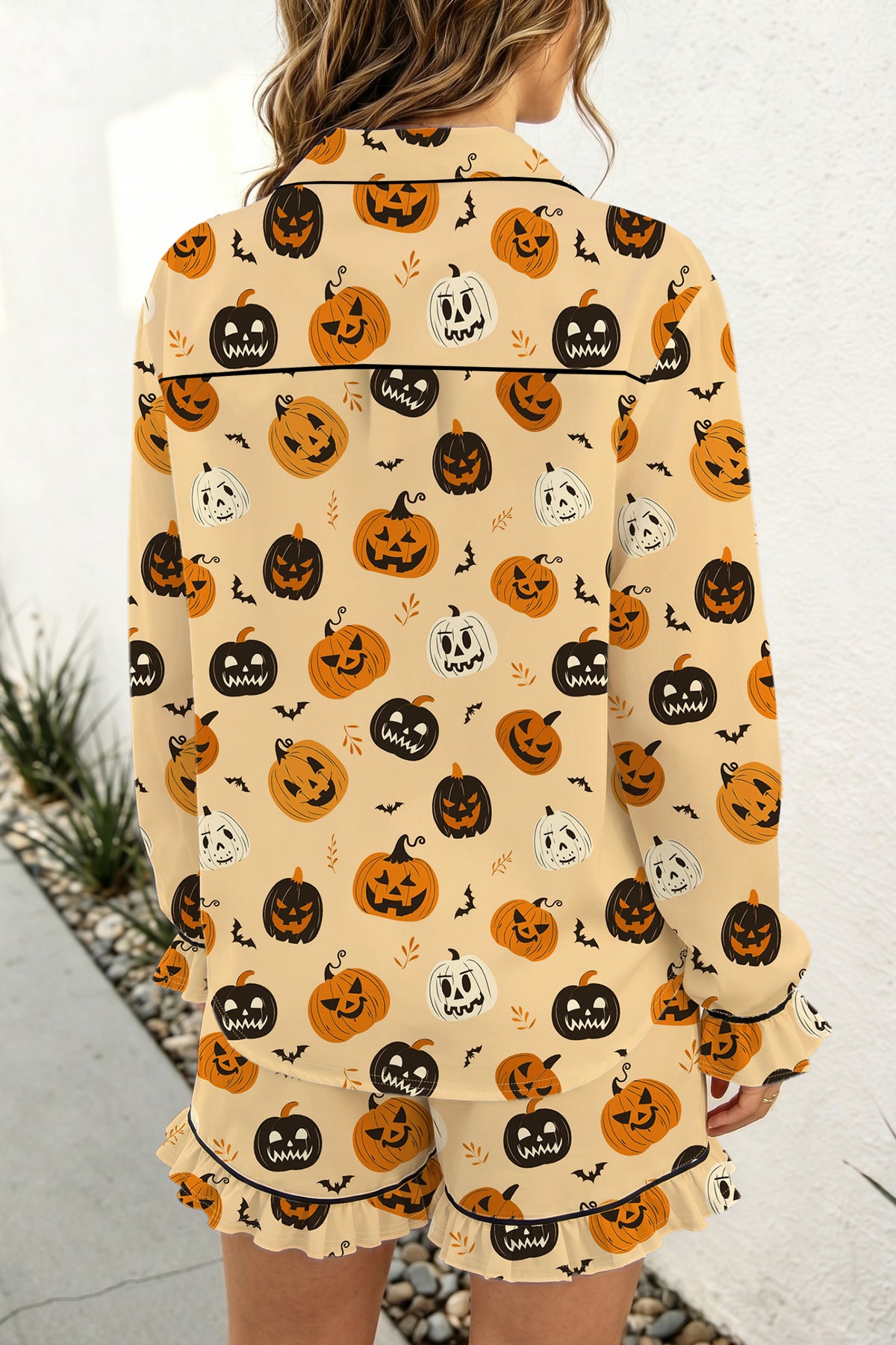 KaleaBoutique Stylish Long Sleeve Ruffle Pumpkin Face Print Two Piece Lounge Set - KaleaBoutique.com