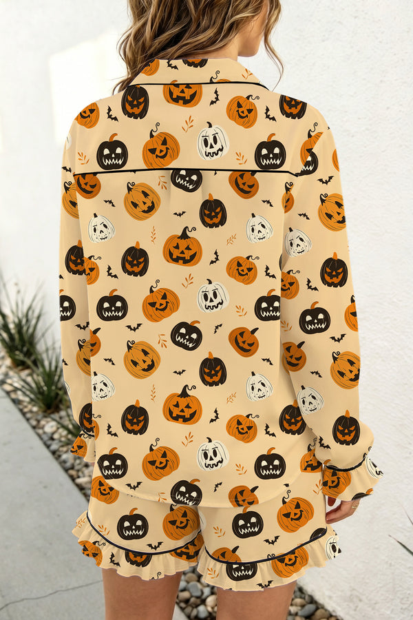 KaleaBoutique Stylish Long Sleeve Ruffle Pumpkin Face Print Two Piece Lounge Set - KaleaBoutique.com