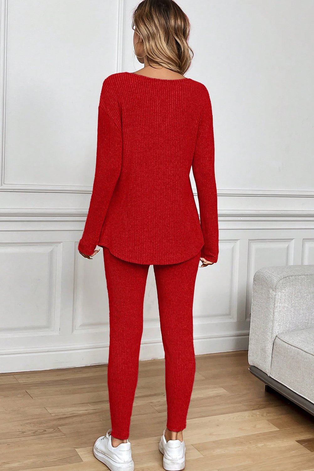 KaleaBoutique Comfortable Ribbed Notched Neck Knit Long Sleeve Leggings Two Pieces Lounge Set - KaleaBoutique.com