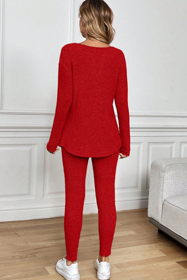 KaleaBoutique Comfortable Ribbed Notched Neck Knit Long Sleeve Leggings Two Pieces Lounge Set - KaleaBoutique.com