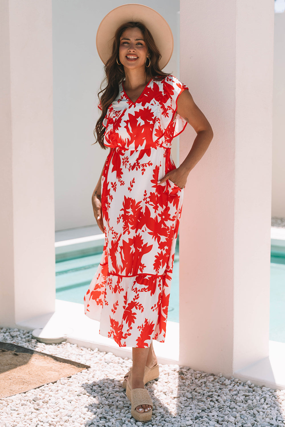 KaleaBoutique Stylish Floral Print Trimmed V Neck Ruffle Sleeve Long Dress - KaleaBoutique.com