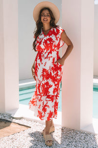 KaleaBoutique Stylish Floral Print Trimmed V Neck Ruffle Sleeve Long Dress - KaleaBoutique.com