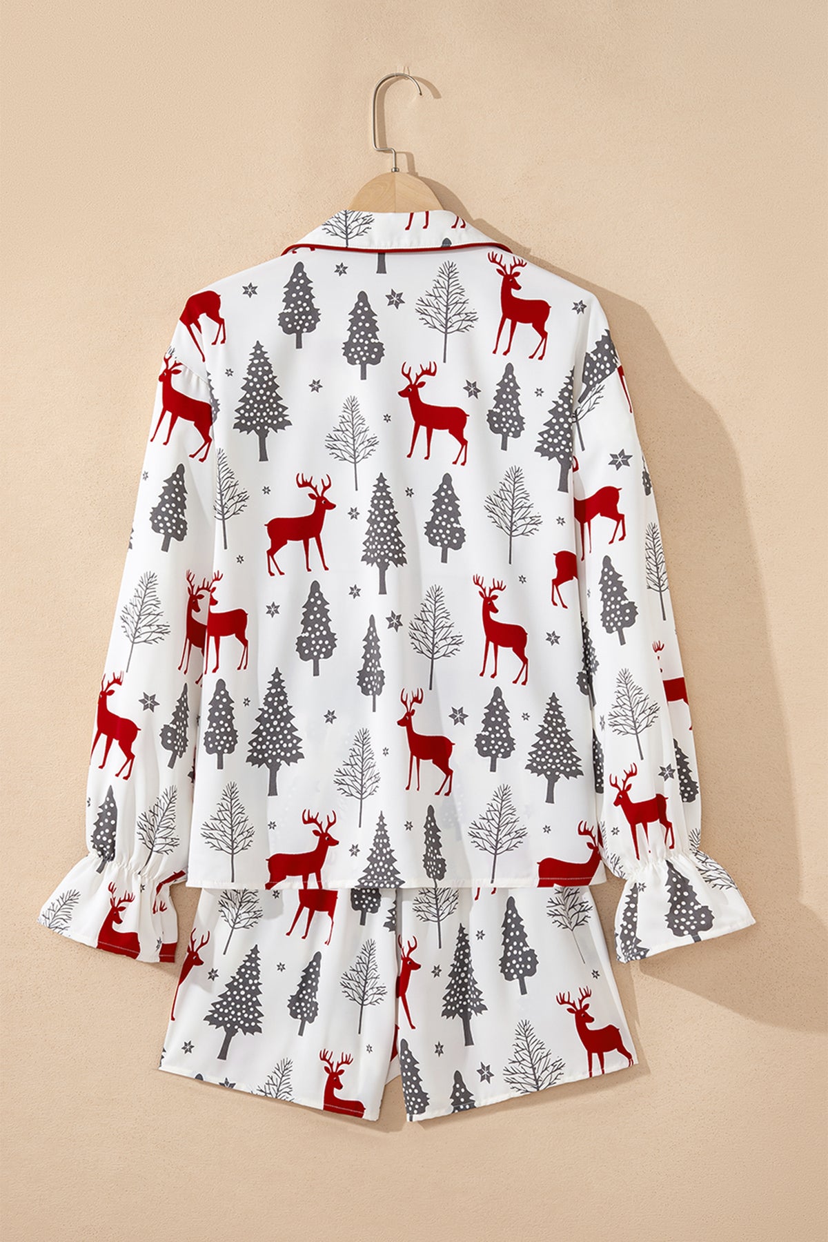 KaleaBoutique Comfortable Christmas Fashion Print Velvet Trim Bow Knot Pajama 2pcs Short Set - KaleaBoutique.com