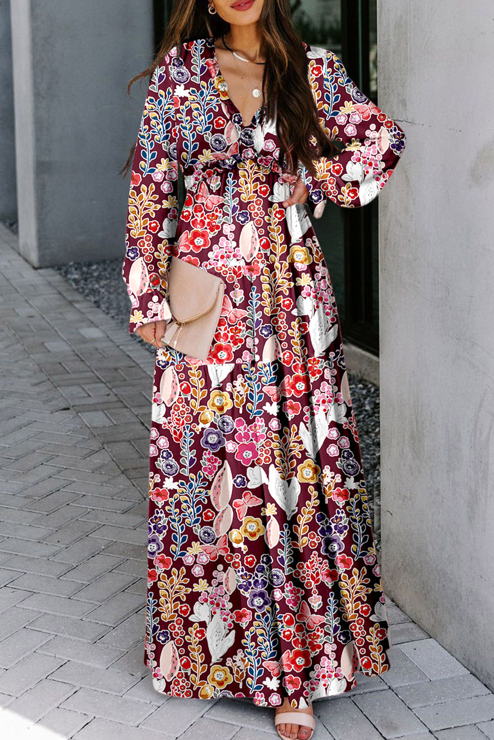 KaleaBoutique V Neck Floral Print Empire Waist Maxi Dress - KaleaBoutique.com