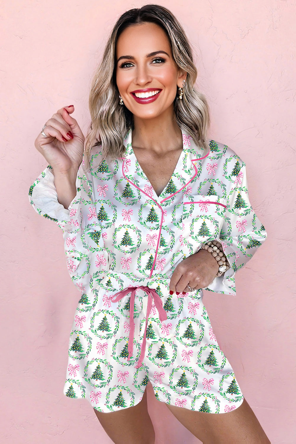 KaleaBoutique Comfortable Christmas Fashion Print Velvet Trim Bow Knot Pajama 2pcs Short Set - KaleaBoutique.com