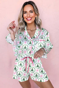 KaleaBoutique Comfortable Christmas Fashion Print Velvet Trim Bow Knot Pajama 2pcs Short Set - KaleaBoutique.com
