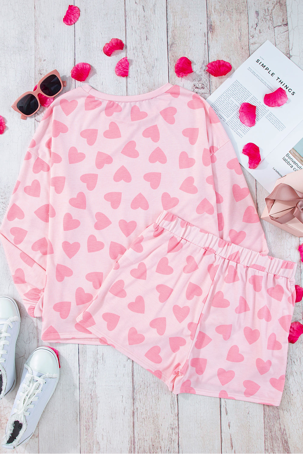 KaleaBoutique Comfortable Valentine Heart Shape Print Long Sleeve Top Shorts Lounge Set - KaleaBoutique.com