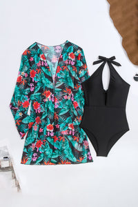 KaleaBoutique Stylish Halter Neck Monokini with Floral Beach Cover Up - KaleaBoutique.com