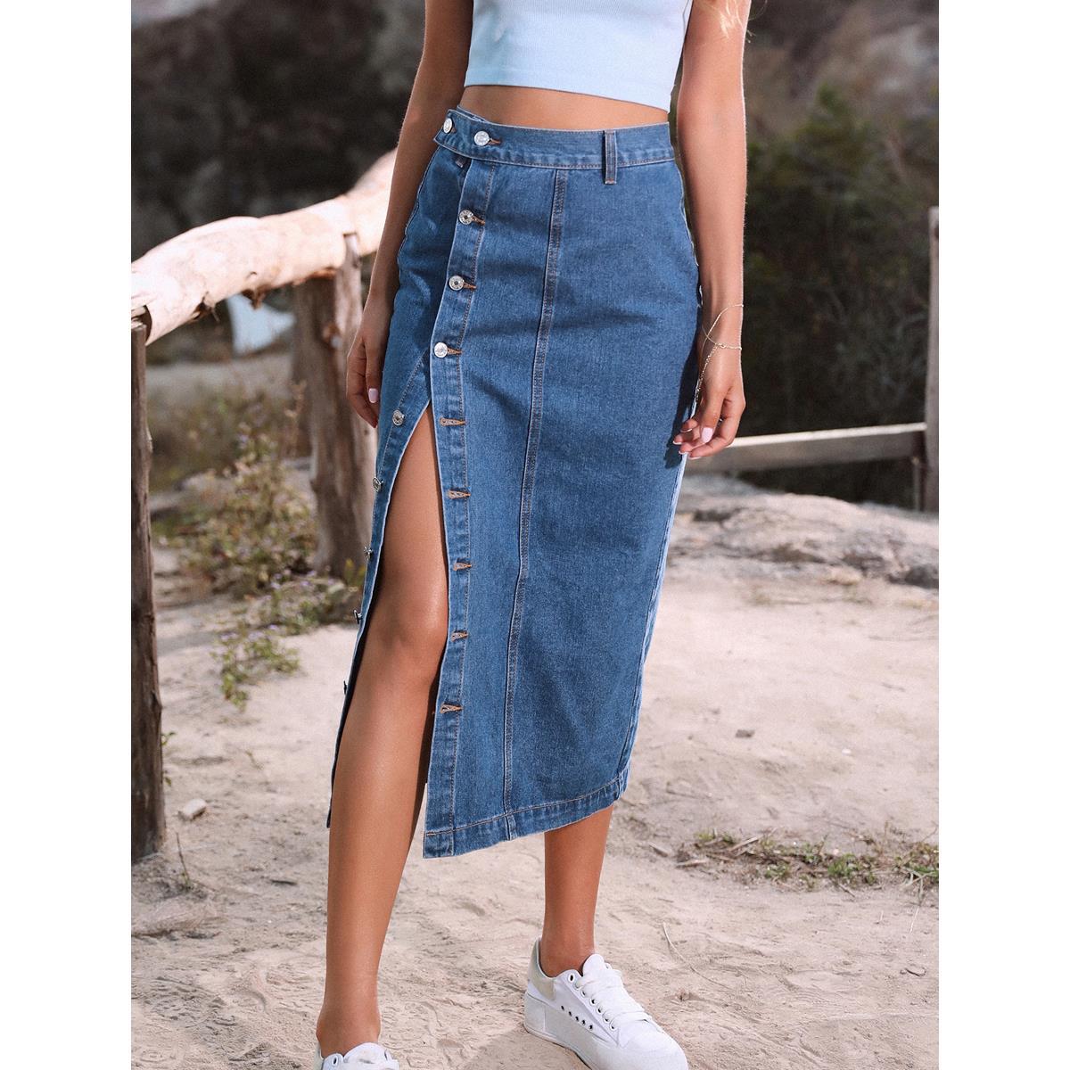 Foreign Trade Amazon Cross-border Women's Clothing European And American Casual Button Irregular Slit Denim High Waist Denim Skirt - KaleaBoutique.com