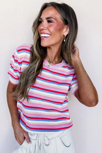 KaleaBoutique Stylish Textured Stripes Knit Short Sleeve Sweater - KaleaBoutique.com