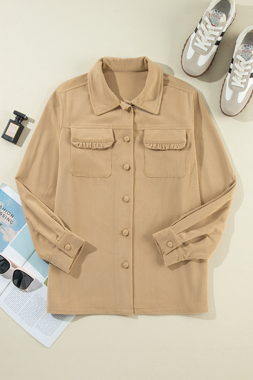 KaleaBoutique Solid Frilled Flap Pocket Button Up Corduroy Shacket - KaleaBoutique.com