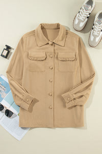 KaleaBoutique Solid Frilled Flap Pocket Button Up Corduroy Shacket - KaleaBoutique.com