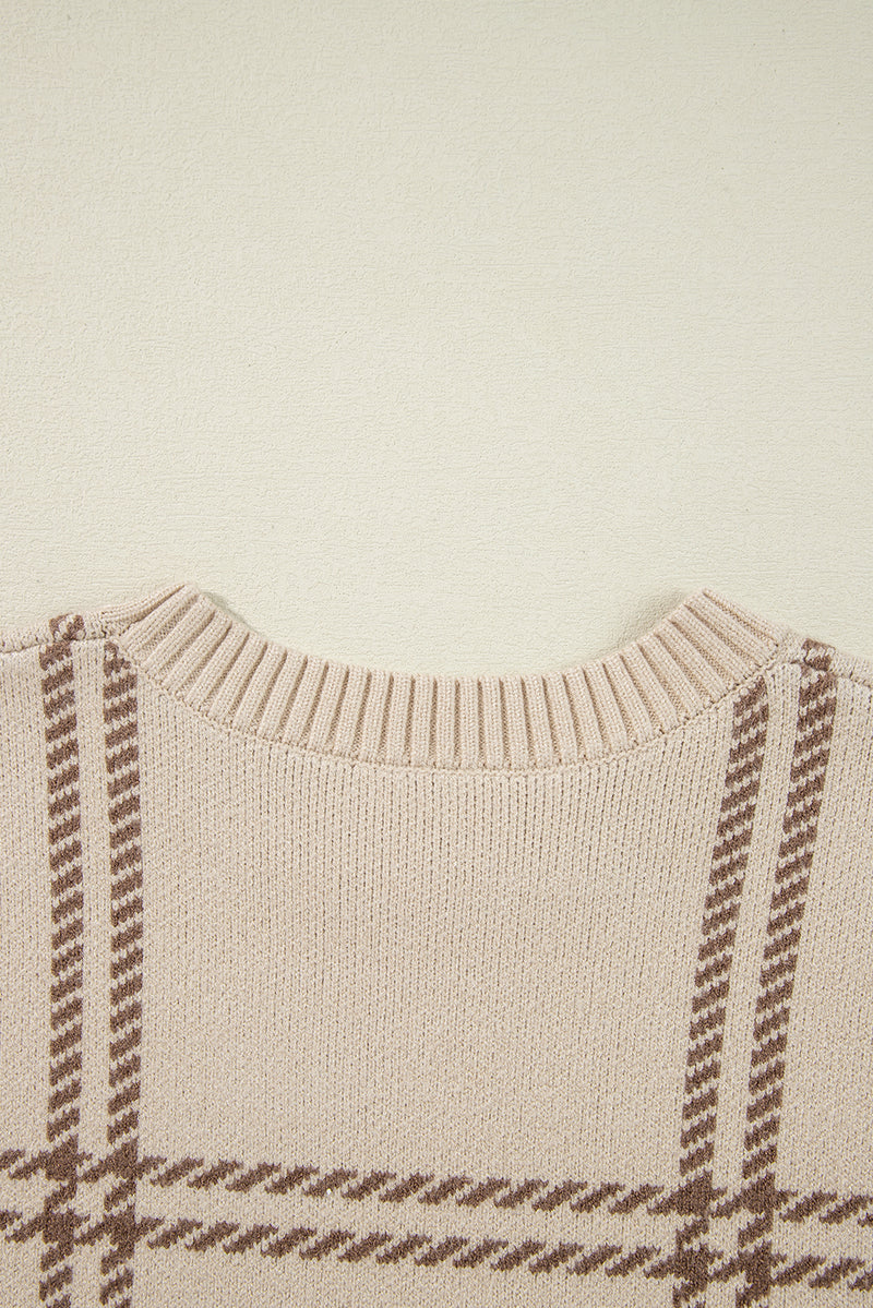 KaleaBoutique Plaid Pattern Knitted Drop Shoulder Sweater - KaleaBoutique.com