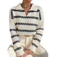 Women's Striped Openwork Polo-Collar Pullover Sweater - KaleaBoutique.com