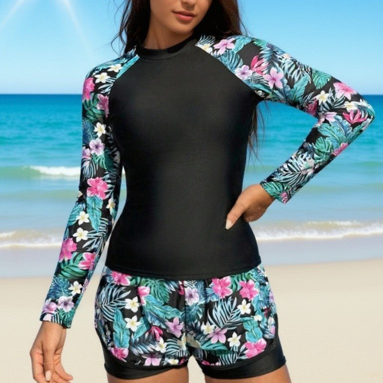 Women's Tropical Floral Long-Sleeve Swim Set with Shorts - KaleaBoutique.com