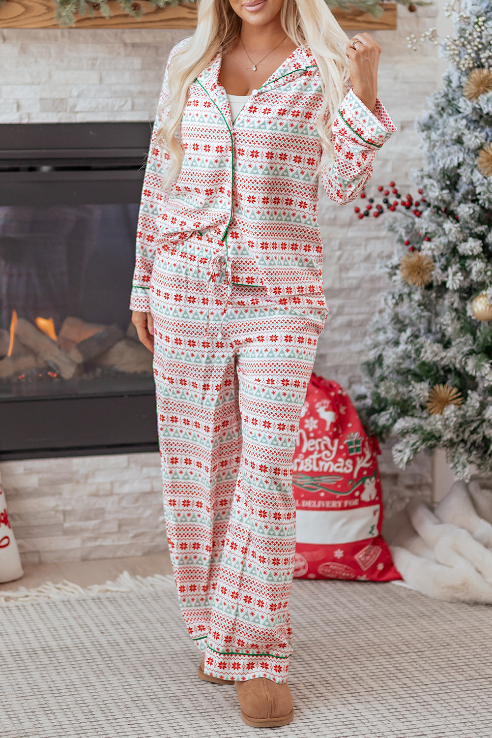 KaleaBoutique Comfortable Christmas Pattern Print Shirt Style Long 2pcs Pajama Set - KaleaBoutique.com