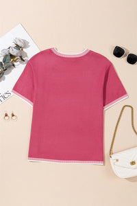 KaleaBoutique Comfortable Contrast Striped Trim Round Neck Half Sleeve Sweater - KaleaBoutique.com